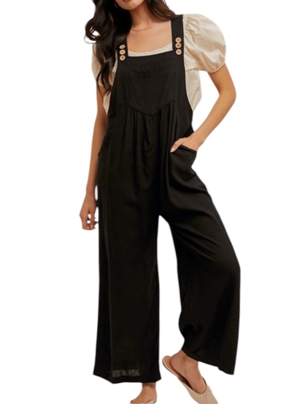 Casual Black Wide-Leg Linen-Blend Jumpsuit